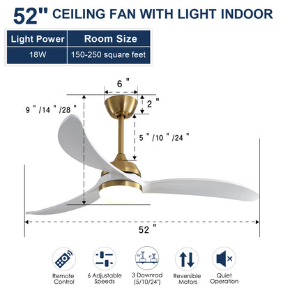 52 Inch Indoor Ceiling Fan With Dimmable Led Light 3 Solid Wood Blades Remote Control Reversible DC Motor For Living Room