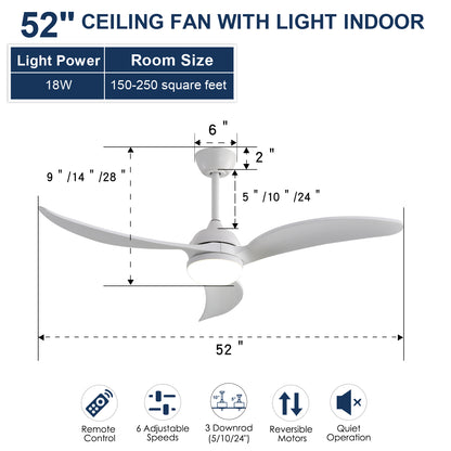 52 Inch Indoor Ceiling Fan With Dimmable Led Light 3 Solid Wood Blades Remote Control Reversible DC Motor White For Living Room