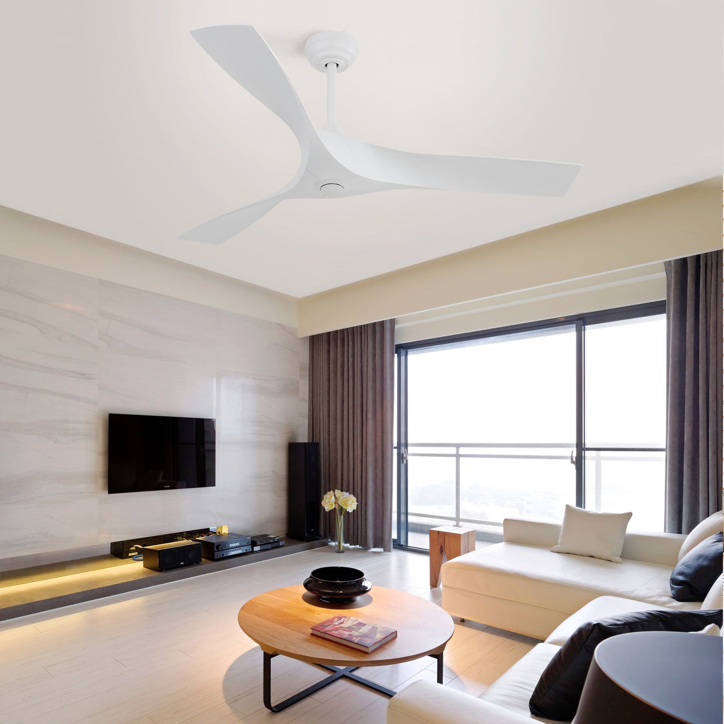 52 Inch Modern Ceiling Fan Without Light 6 Speed Remote 3 Solid Wood Blade Reversible DC Motor For Indoor&Outdoor