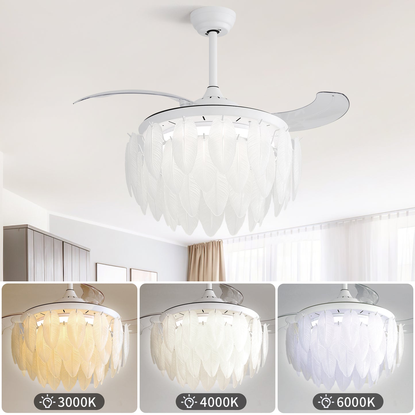 42 Inch Unique Design Feather Crystal Ceiling Fan With Light