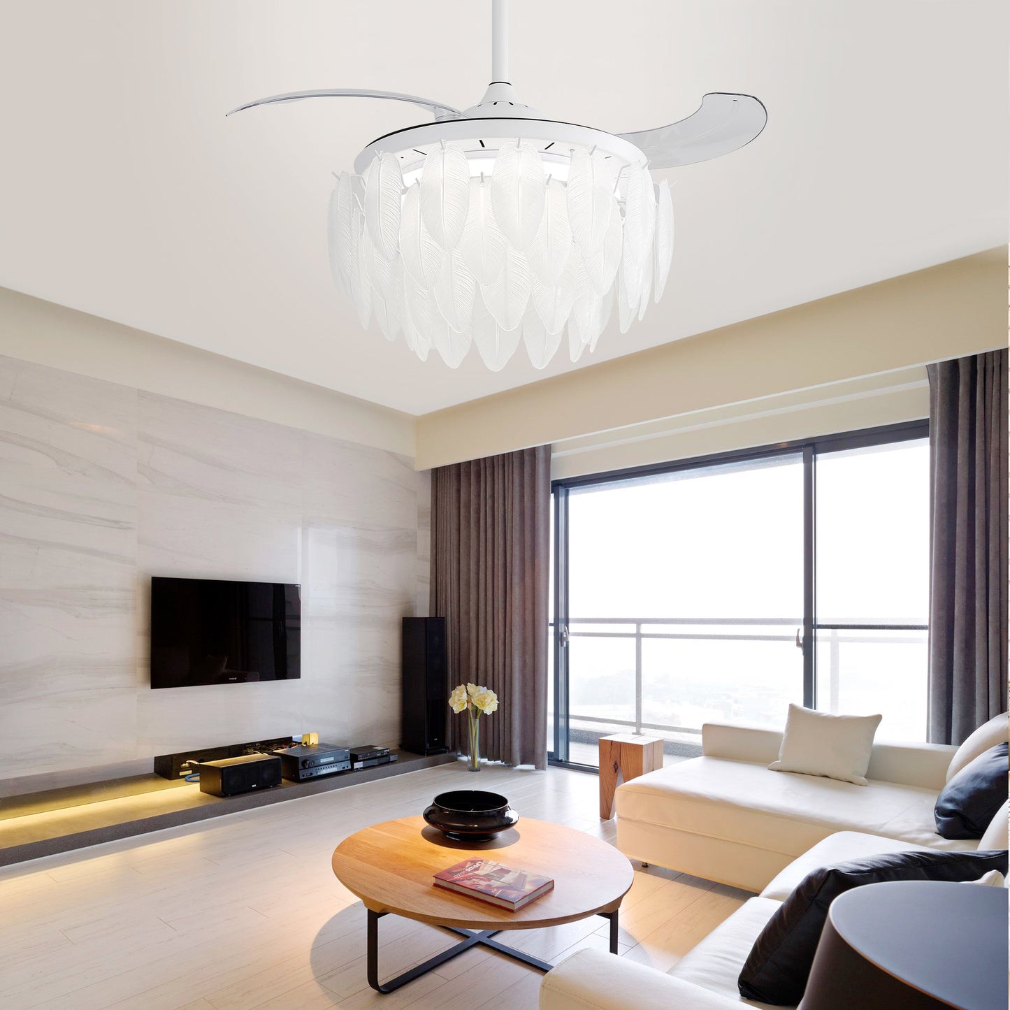 42 Inch Unique Design Feather Crystal Ceiling Fan With Light