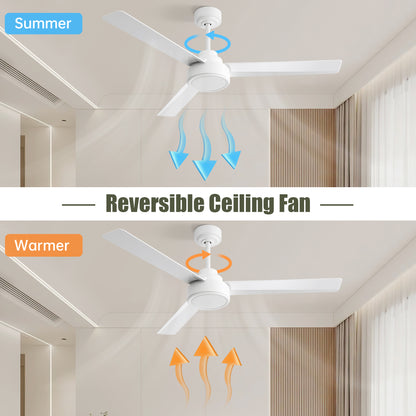 52" Ceiling Fan Without Light, 3 ABS Blades Farmhouse Ceiling Fan with Remote Control 6-speed Reversible DC Motor White for Living Room, Bedroom, Kitchen