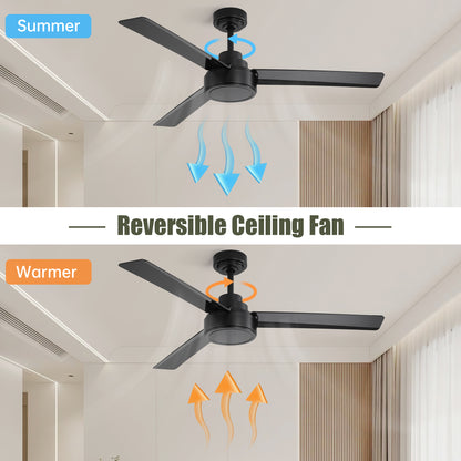 52" Outdoor Ceiling Fan Without Light, 3 ABS Blades Farmhouse Ceiling Fan with Remote Control 6-speed Reversible DC Motor Black for Living Room, Bedroom, Kitchen