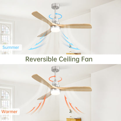 Indoor 52 Inch Ceiling Fan With Dimmable Led Light 6 Speed Remote 3 Wood Blade Reversible DC Motor For Bedroom