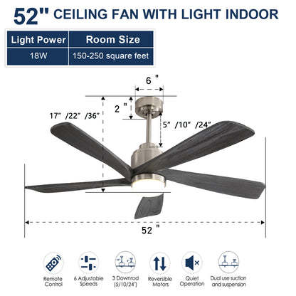 52 Inch Modern Ceiling Fan With Dimmable LED Light 5 Solid Wood Blades Remote Control Reversible DC Motor With Smart APP Control