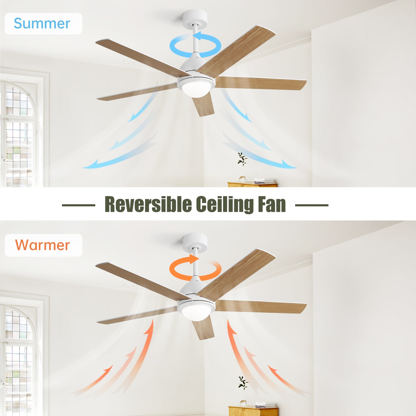 52 Inch Modern Led Ceiling Fan With 3 Color Dimmable 5 Plywood Blades Remote Control Reversible White For Bedroom