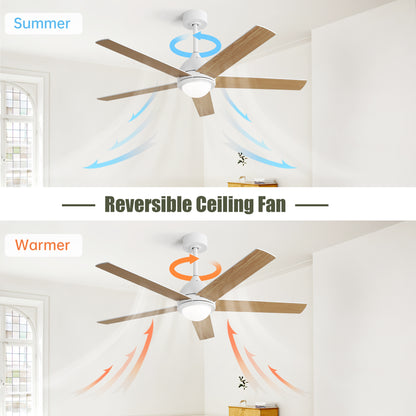 52 Inch Modern Led Ceiling Fan With 3 Color Dimmable 5 Plywood Blades Remote Control Reversible White For Bedroom