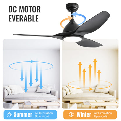 52 Inch Modern Ceiling Fan with 22W LED Light, 3 ABS Fan Blades DC Motor Black Ceiling Fan for Bedroom Living Room