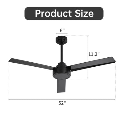 52" Outdoor Ceiling Fan Without Light, 3 ABS Blades Farmhouse Ceiling Fan with Remote Control 6-speed Reversible DC Motor Black for Living Room, Bedroom, Kitchen