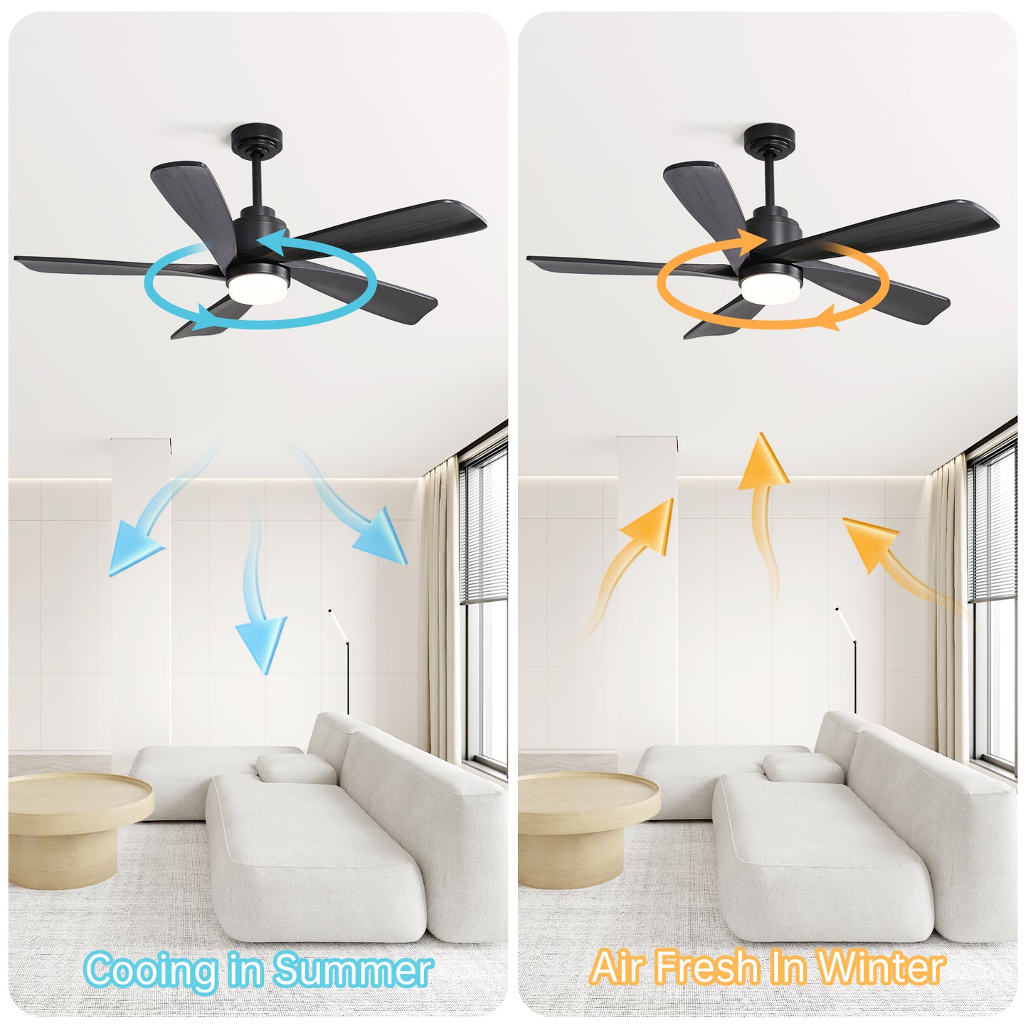 52 Inch Ceiling Fan With Dimmable LED Light 5 Solid Wood Blades Smart Remote Control Reversible DC Motor Ceiling Fan Black for Home