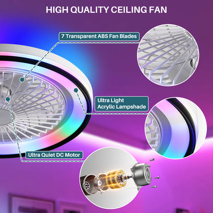 19 Inch RGB Dimmable Led Enclosed Ceiling Fan with Light Flush Mount Bladeless 6 Speed Remote Control for Bedroom Party