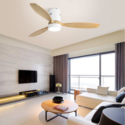 52 Inch Flush Mount Ceiling Fan 3 Solid Wood Fan Blade  Remote Control With Light