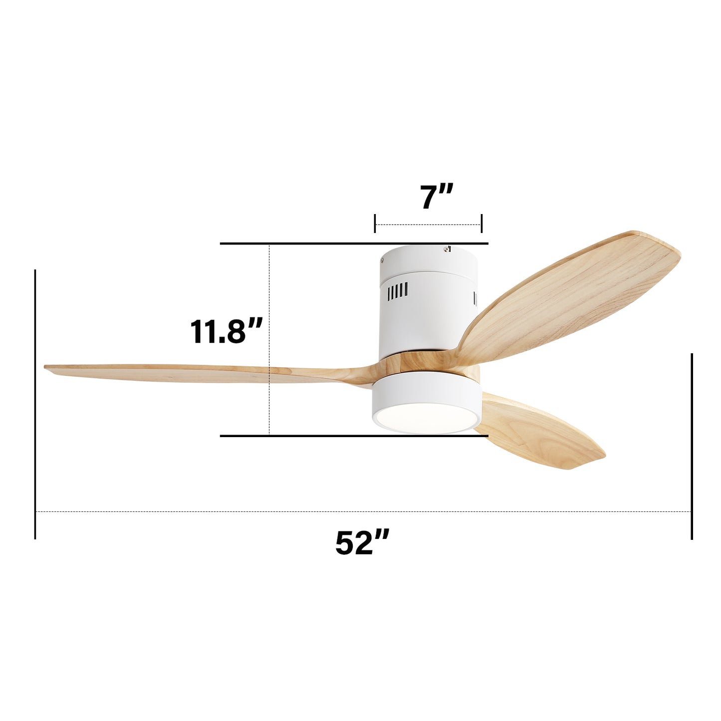 52 Inch Flush Mount Ceiling Fan 3 Solid Wood Fan Blade  Remote Control With Light