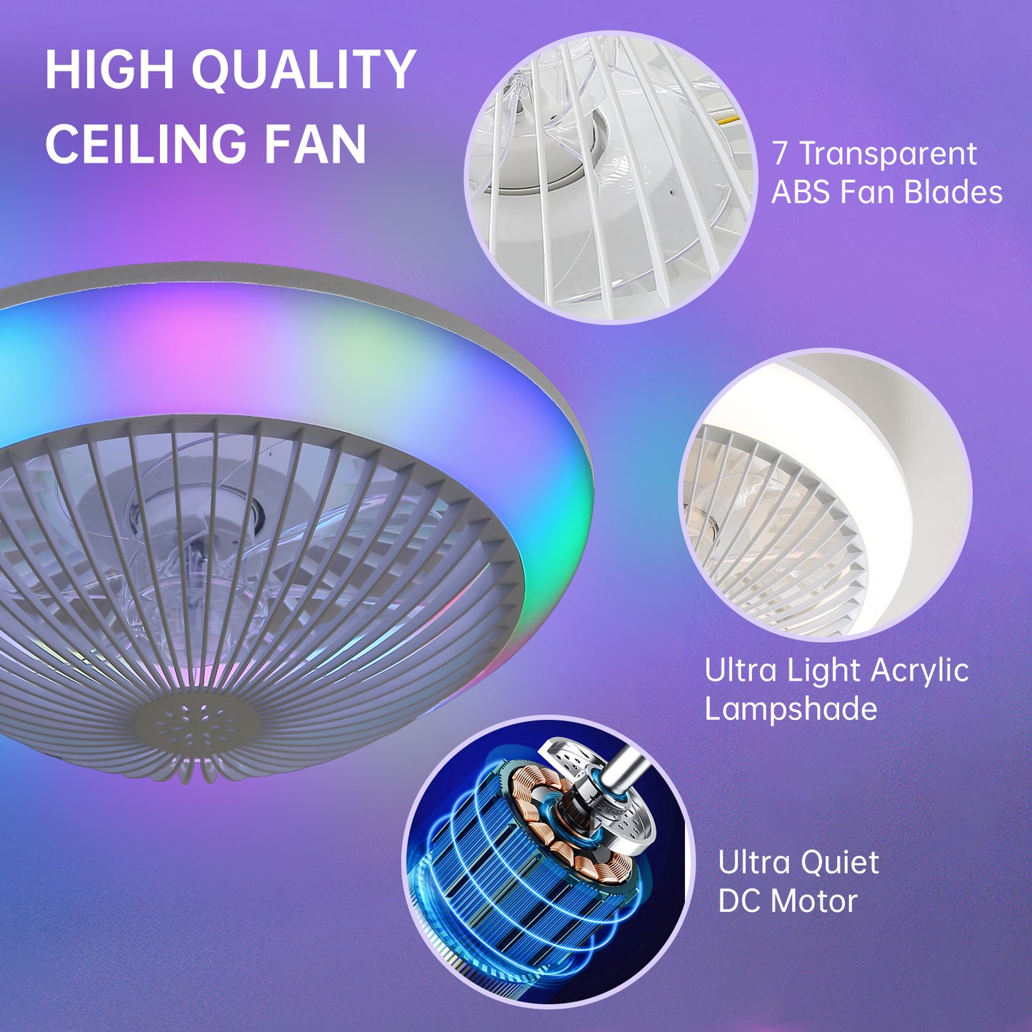 15 Inch RGB Dimmable Led Enclosed Ceiling Fan with Light Modern Bladeless 6 Speed Remote Control for Bedroom Kids Room Party