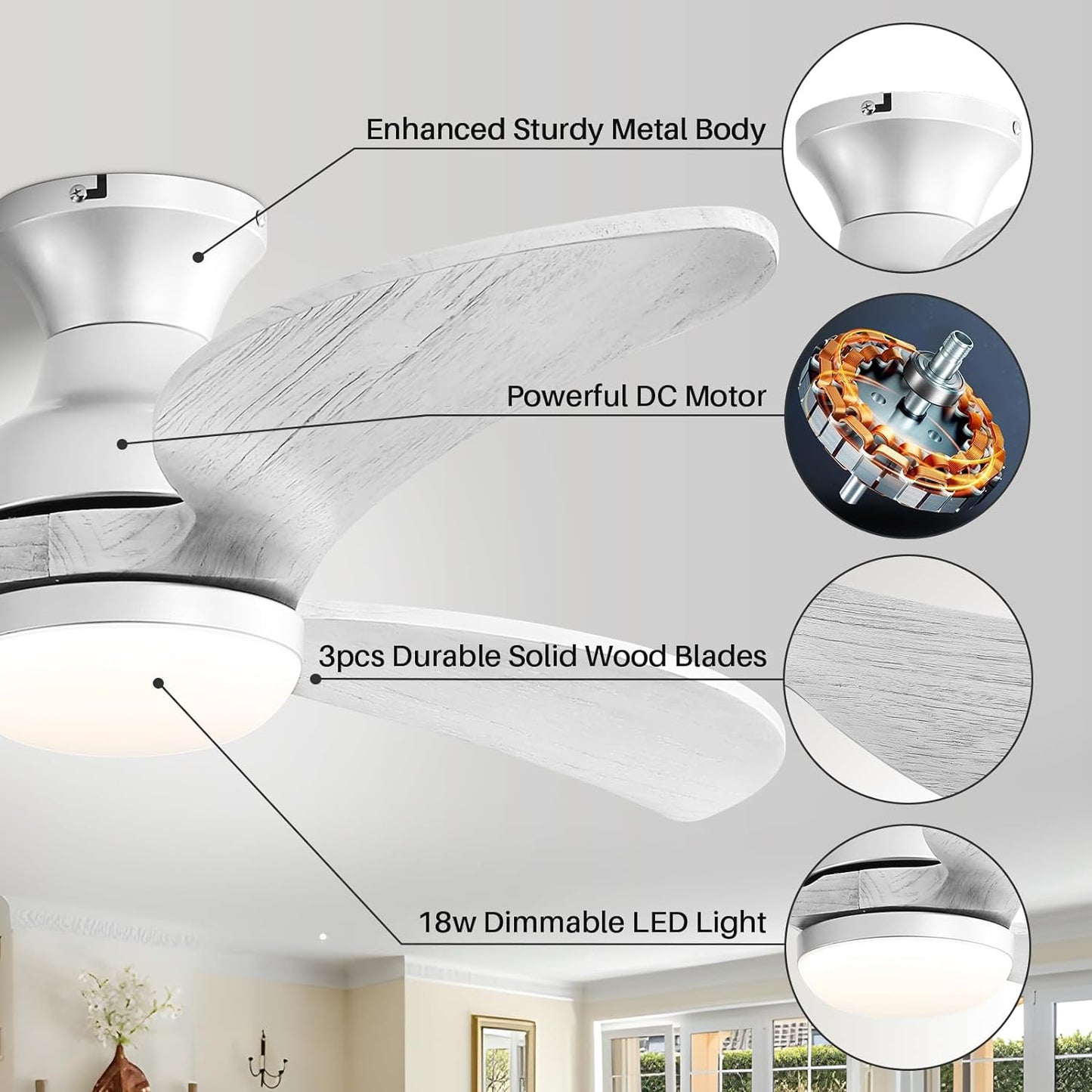 52 Inch Modern Ceiling Fan With 3 Color Dimmable Solid Wood Blades Remote Control Reversible DC Motor For Bedroom