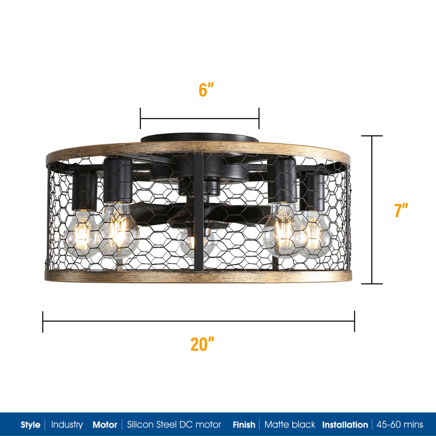 20 Inch Industrial Caged Ceiling Fan, With 7-ABS Blades Remote Control