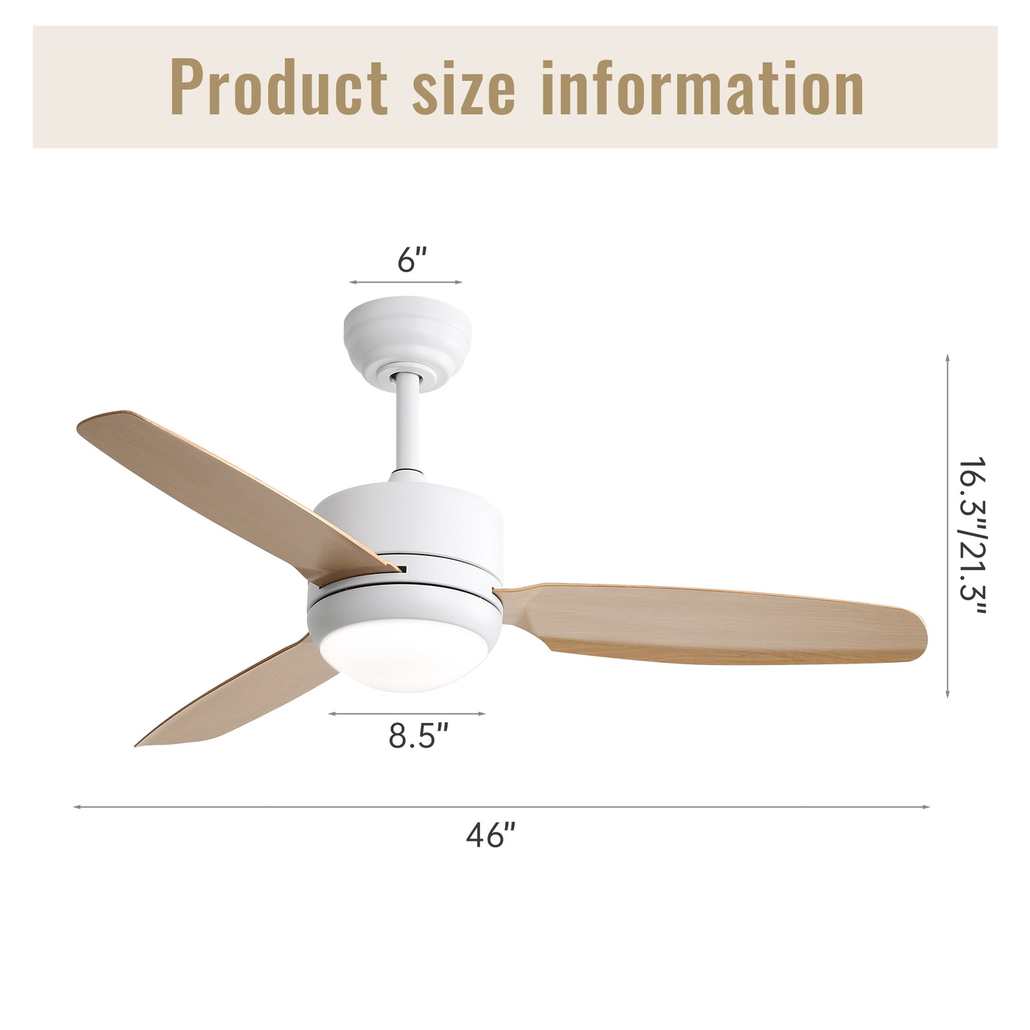 46 Inch Ceiling Fan with Lights 3 ABS Blades 6-speed DC Motor Remote Control for Bedroom