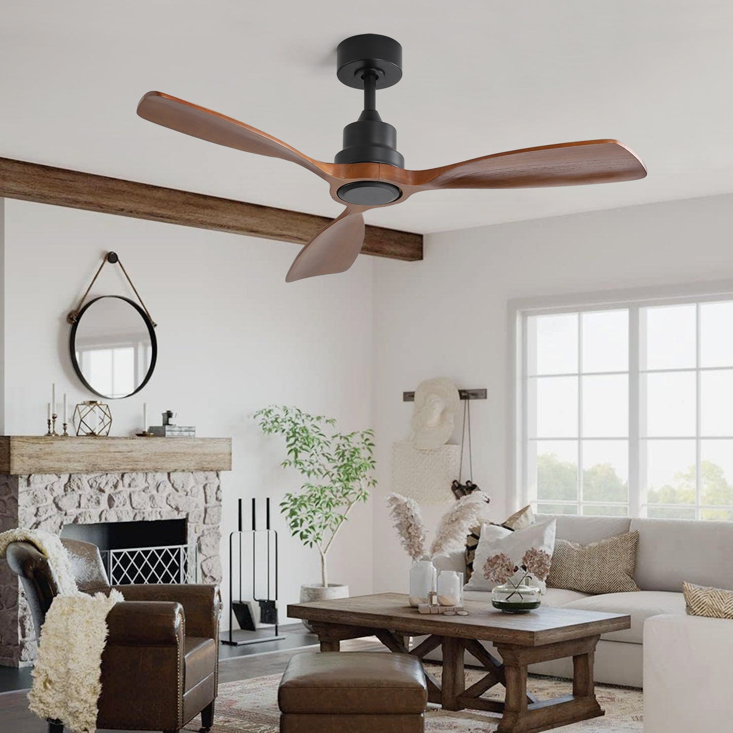 48 Inch Ceiling Fan Without Light, 3 Solid Wood Blades Outdoor Ceiling Fan 6-speed Reversible DC Motor for Living Room