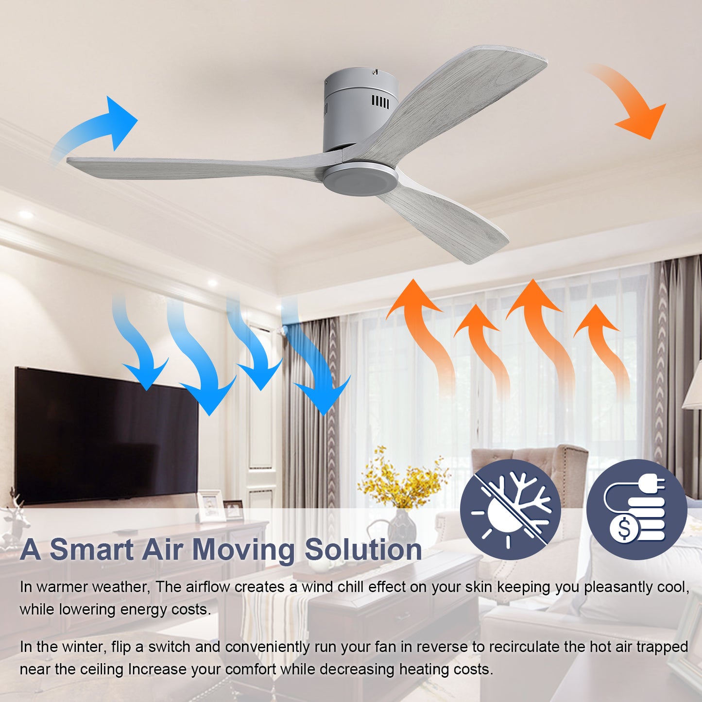 52 Inch Flush Mount Ceiling Fan DC Motor 3 Wood Fan Blade Reversible Remote Control Without Light (EU-KBS-52143-SL-DC-WD-HMW-W)