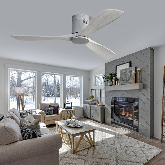 52 Inch Flush Mount Ceiling Fan DC Motor 3 Wood Fan Blade Reversible Remote Control Without Light (EU-KBS-52143-SL-DC-WD-HMW-W)