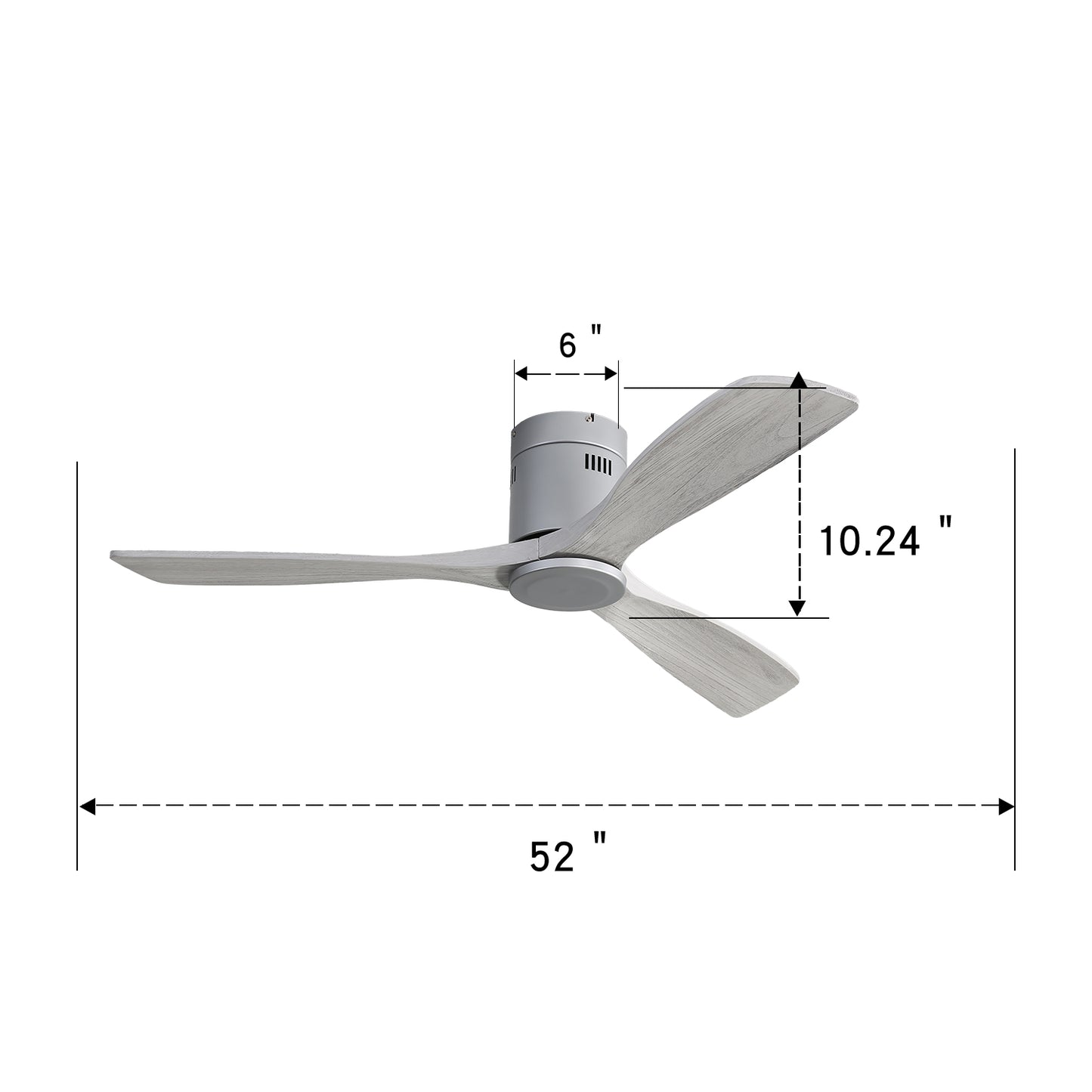 52 Inch Flush Mount Ceiling Fan DC Motor 3 Wood Fan Blade Reversible Remote Control Without Light (EU-KBS-52143-SL-DC-WD-HMW-W)