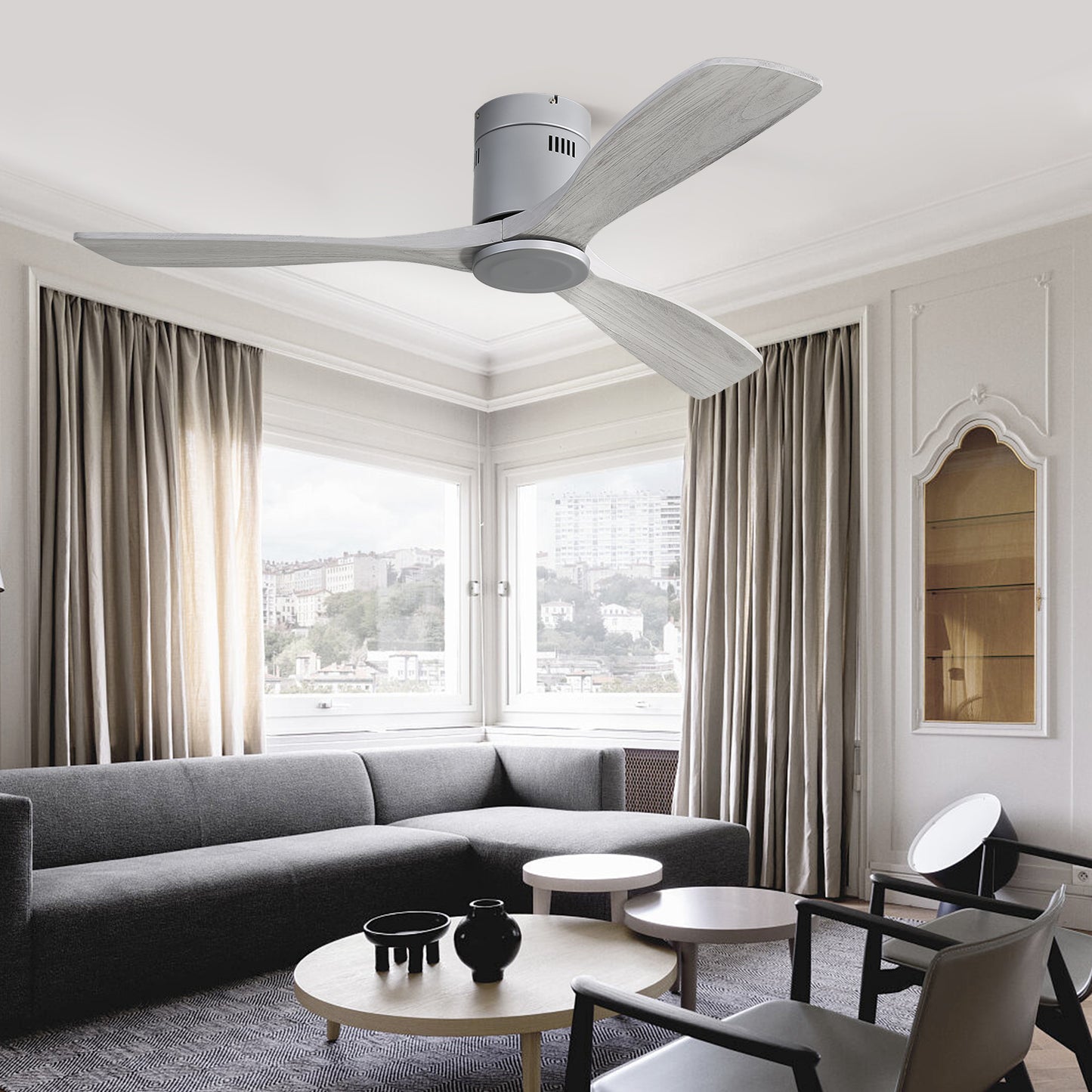 52 Inch Flush Mount Ceiling Fan DC Motor 3 Wood Fan Blade Reversible Remote Control Without Light (EU-KBS-52143-SL-DC-WD-HMW-W)