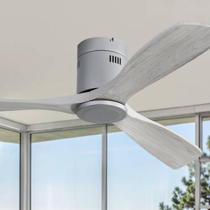 52 Inch Flush Mount Ceiling Fan DC Motor 3 Wood Fan Blade Reversible Remote Control Without Light (EU-KBS-52143-SL-DC-WD-HMW-W)