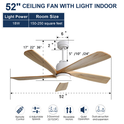 52 Inch Ceiling Fan With Dimmable LED Light 5 Solid Wood Blades Smart Remote Control Reversible DC Motor Ceiling Fan