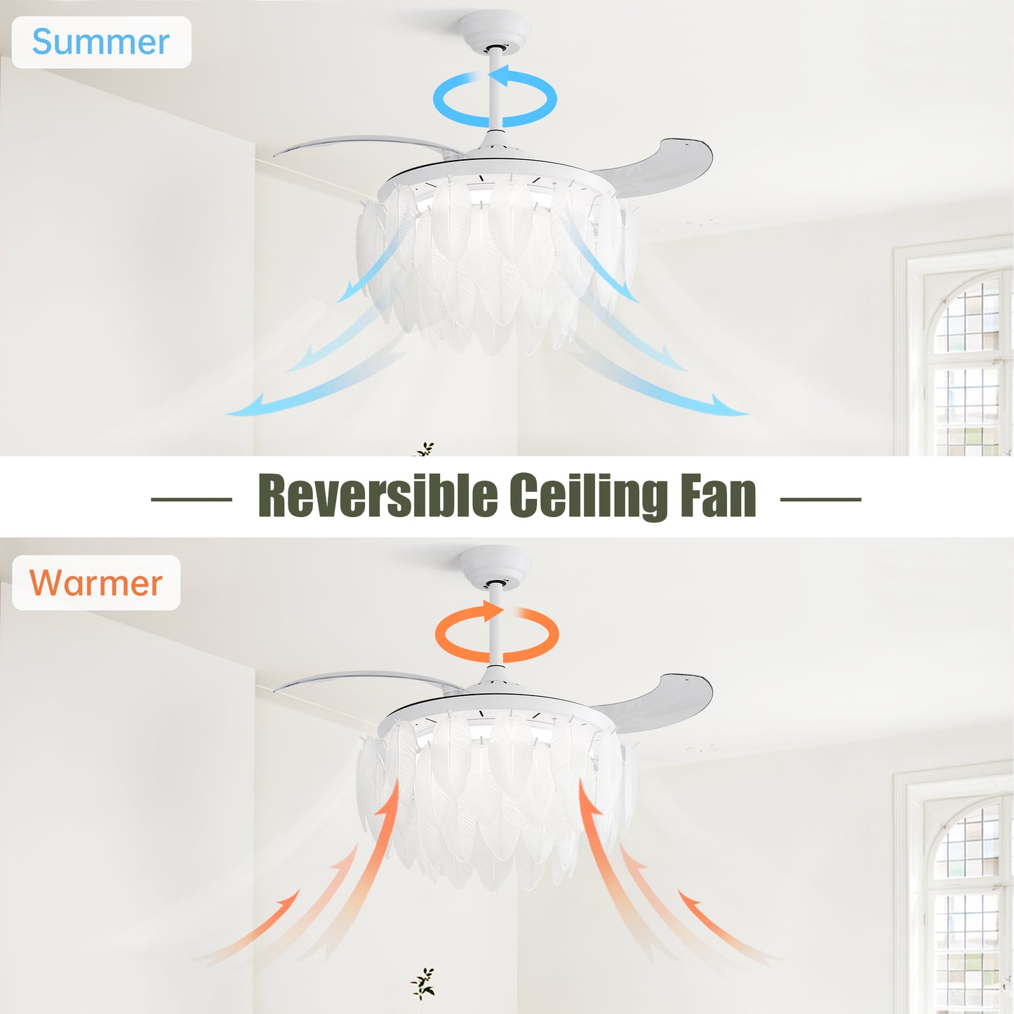 42 Inch Unique Design Feather Crystal Ceiling Fan With Light