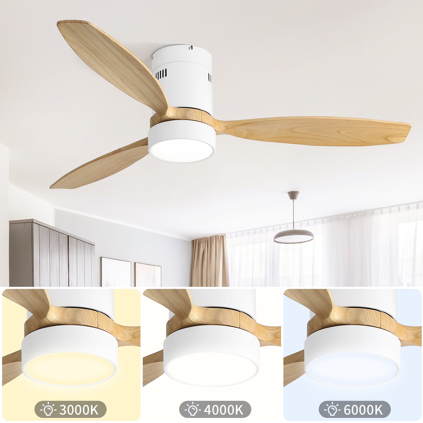 52 Inch Flush Mount Ceiling Fan 3 Solid Wood Fan Blade  Remote Control With Light