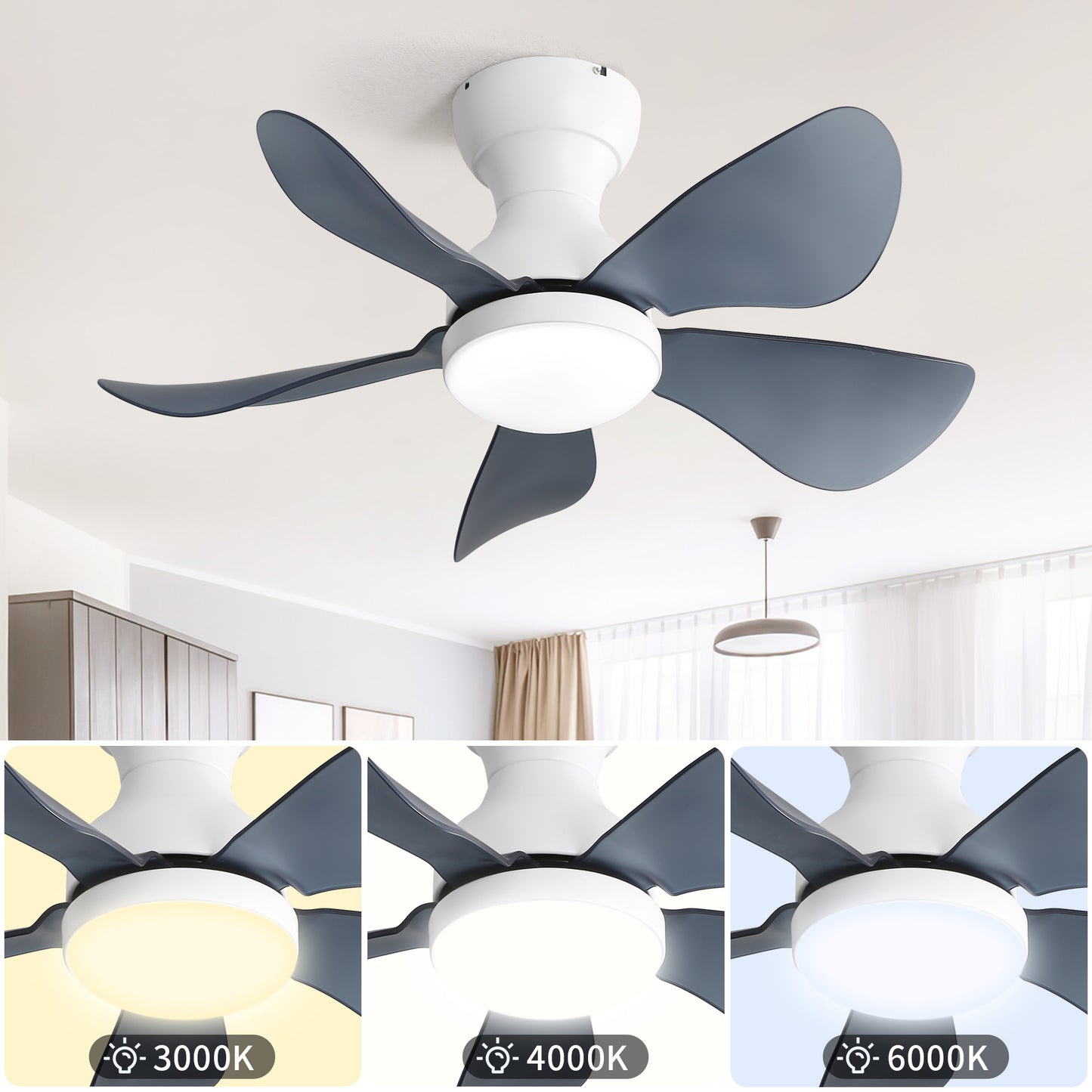 29 lnch Small Ceiling Fan Flush Mount 5 Reversible ABS Blades with LED Dimmable Light