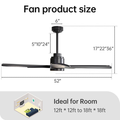 52 Inch Ceiling Fan With Dimmable LED Light 5 Solid Wood Blades Smart Remote Control Reversible DC Motor Ceiling Fan Black for Home