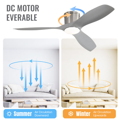 52 Inch Flush Mount Ceiling Fan with Dimmable Led Light 3 ABS Fan Blades Reversible DC Motor For Living Room