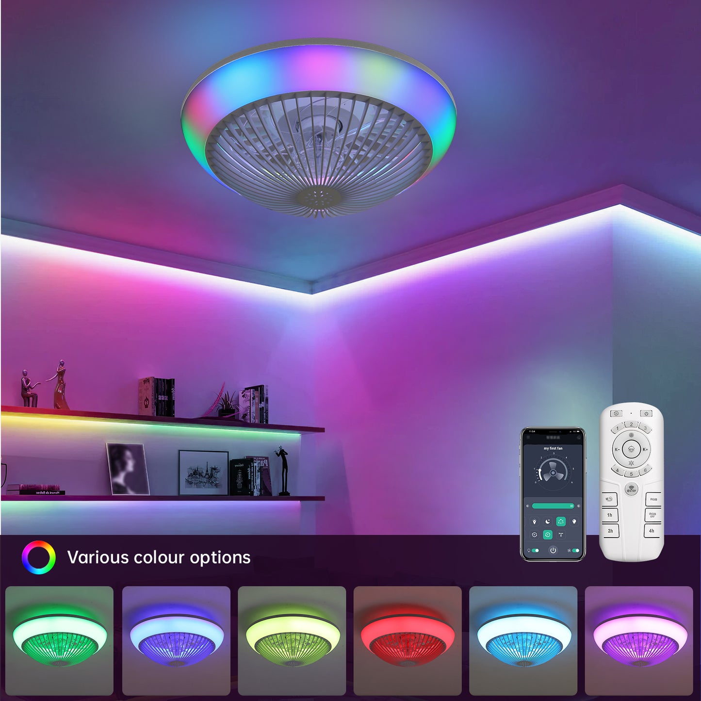 15 Inch RGB Dimmable Led Enclosed Ceiling Fan with Light Modern Bladeless 6 Speed Remote Control for Bedroom Kids Room Party