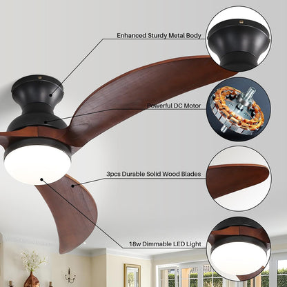 52 Inch Modern Ceiling Fan With 3 Color Dimmable Solid Wood Blades Remote Control Reversible DC Motor For Bedroom