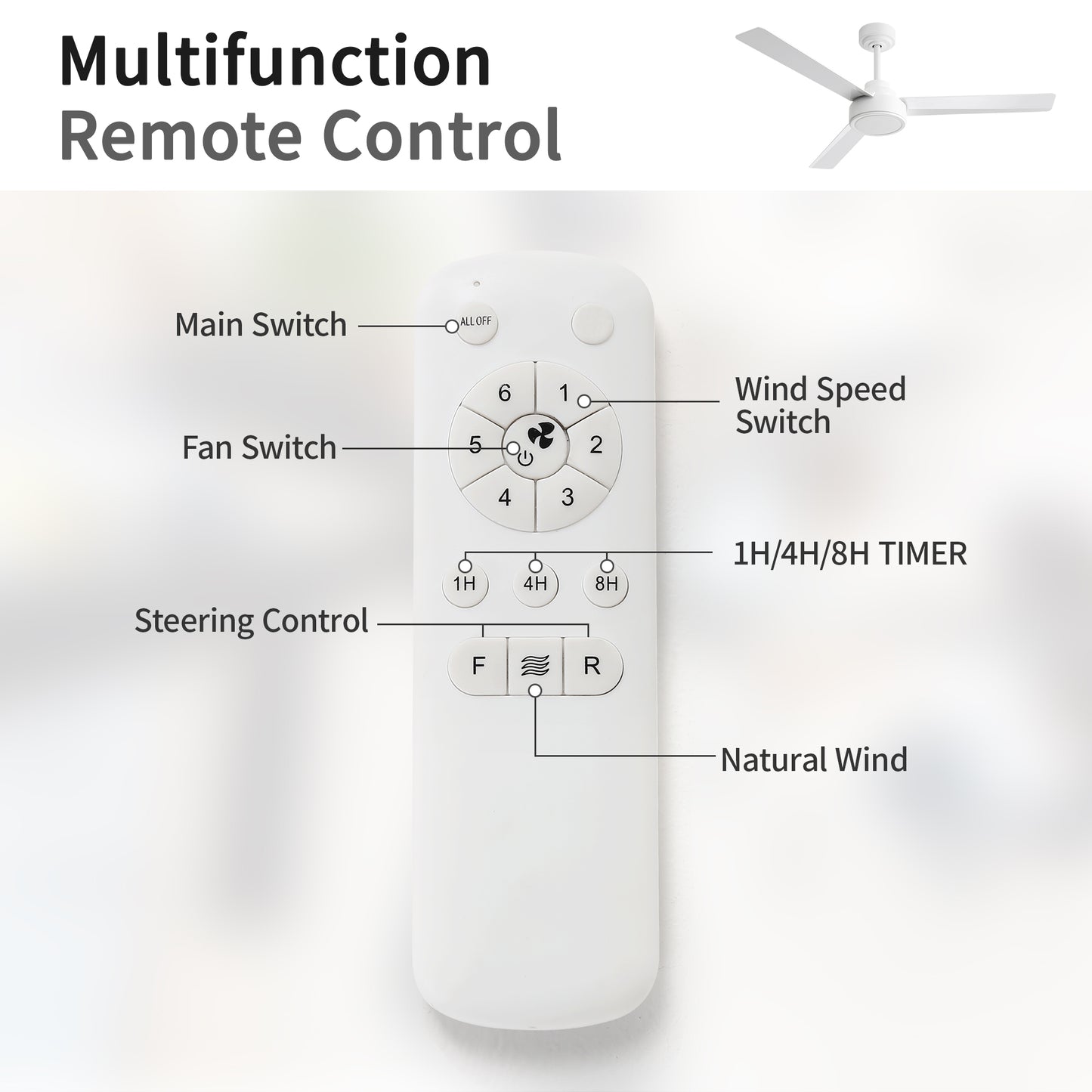 52" Ceiling Fan Without Light, 3 ABS Blades Farmhouse Ceiling Fan with Remote Control 6-speed Reversible DC Motor White for Living Room, Bedroom, Kitchen