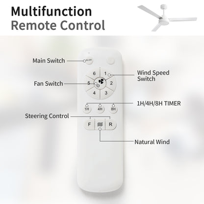 52" Ceiling Fan Without Light, 3 ABS Blades Farmhouse Ceiling Fan with Remote Control 6-speed Reversible DC Motor White for Living Room, Bedroom, Kitchen