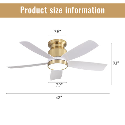 42 Inch Flush Mount Ceiling Fans with LED Light 18W and Remote Control 5 ABS Fan Blades for Bedroom Dining Room