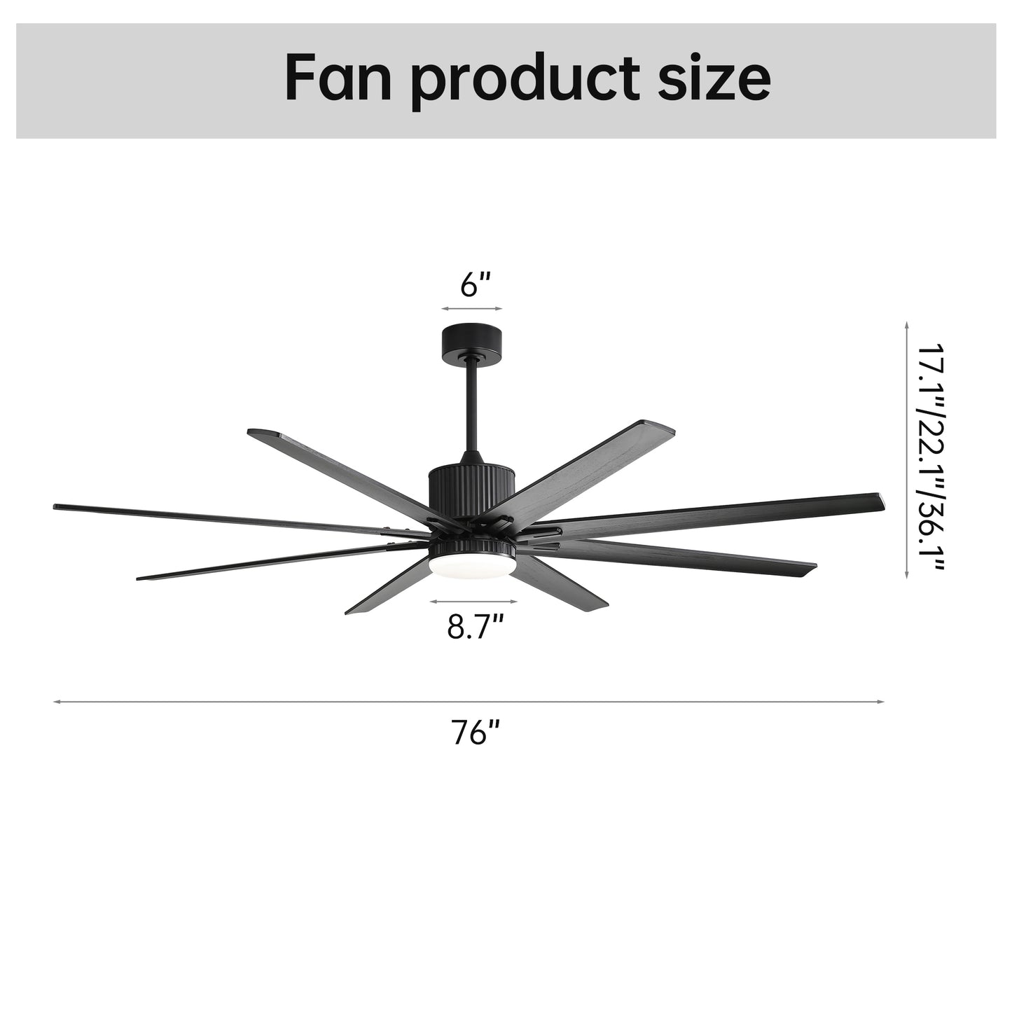 76 Inch Ceiling Fan With 18W Dimmable LED Light Smart Remote Control 8 Solid Wood Blades Black