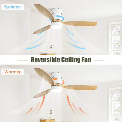 52 Inch Flush Mount Ceiling Fan 3 Solid Wood Fan Blade  Remote Control With Light