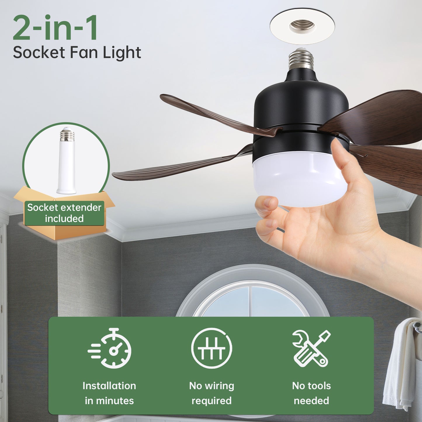 Small Size Socket Fan Light Ceiling Fans with 3 Lighting Color and Remote E26 Screw in Ceiling Fan