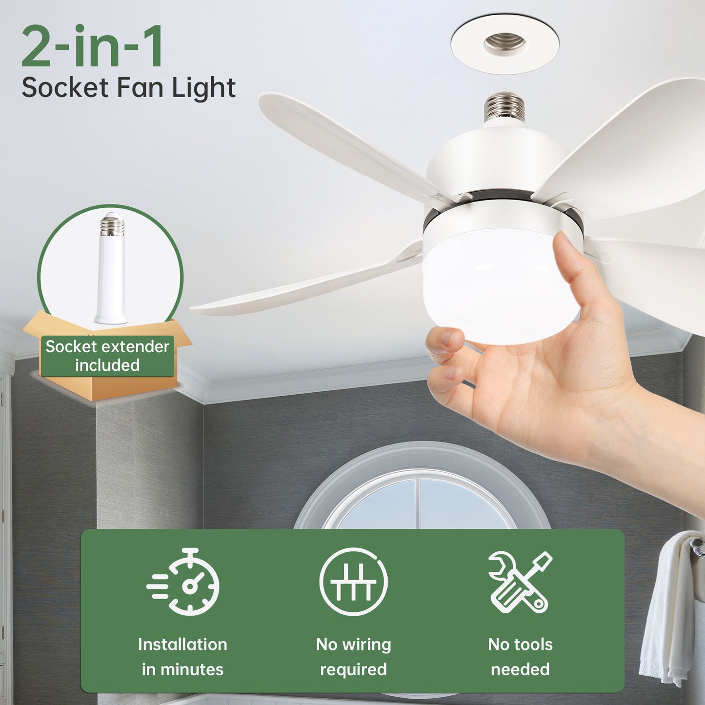 Socket Fan Light Ceiling Fans with Remote Screw in Ceiling Fan DC Motor Noiseless 3 Wind Speed