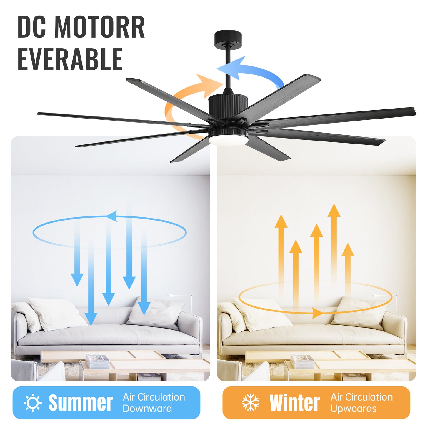 76 Inch Ceiling Fan With 18W Dimmable LED Light Smart Remote Control 8 Solid Wood Blades Black