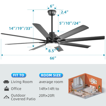 66 Inch Modern Ceiling Fan With Dimmable Led Light 8 ABS Blades Smart Remote Control Reversible DC Motor Black For Home Office