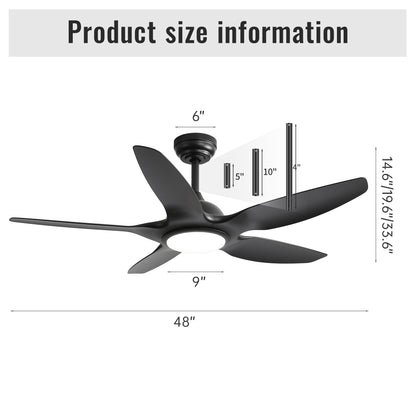 48 Inch Indoor Ceiling Fan With 5 Black ABS Blades Remote Control Reversible DC Motor For Living Room