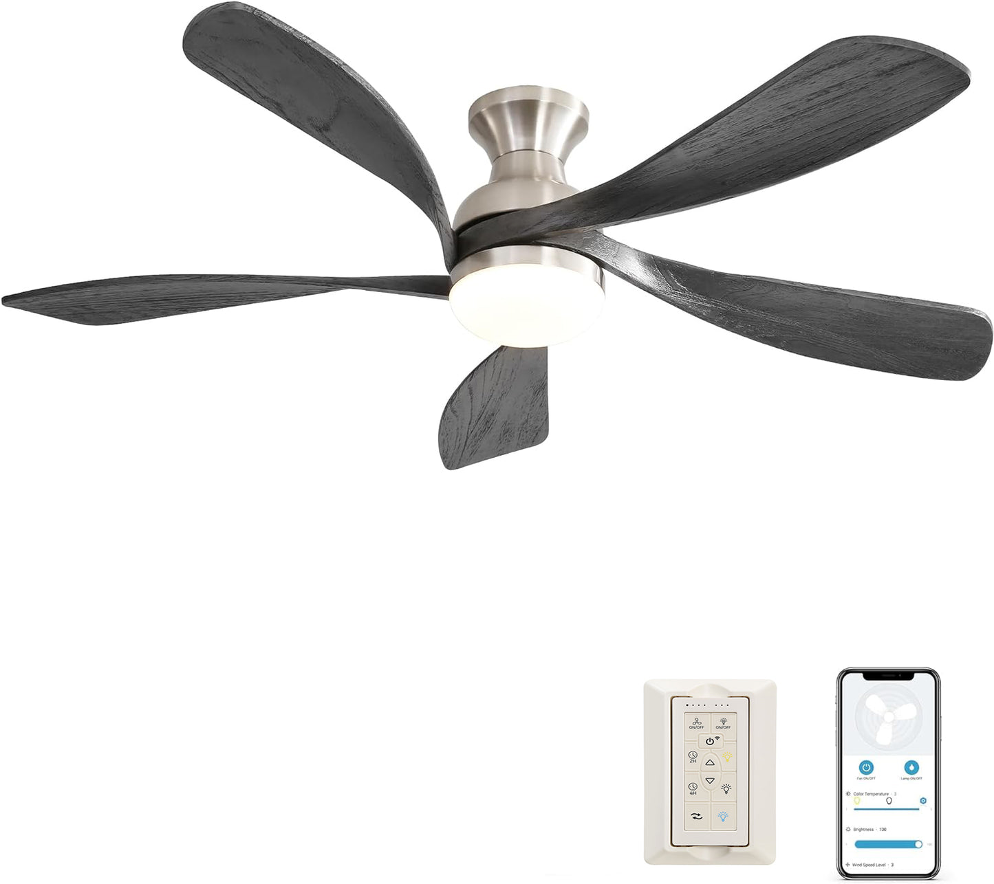 52 Inch Ceiling Fan with Dimmable 3 Colors LED Light Reversible Noiseless DC Motor Smart APP Remote Control