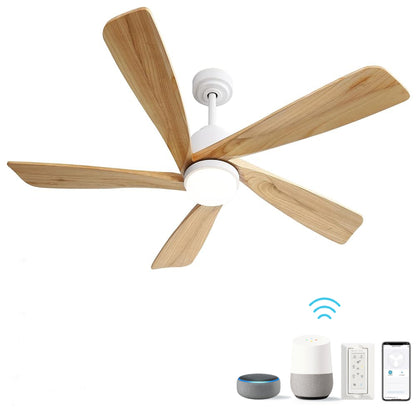 52 Inch Ceiling Fan With Dimmable LED Light 5 Solid Wood Blades Smart Remote Control Reversible DC Motor Ceiling Fan