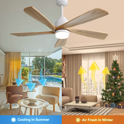 52 Inch Ceiling Fan With Dimmable LED Light 5 Solid Wood Blades Smart Remote Control Reversible DC Motor Ceiling Fan