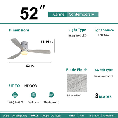 52 Inch Ceiling Fan With Lights 3 Solid Wood Fan Blade Noiseless Reversible Motor Remote Control With Light