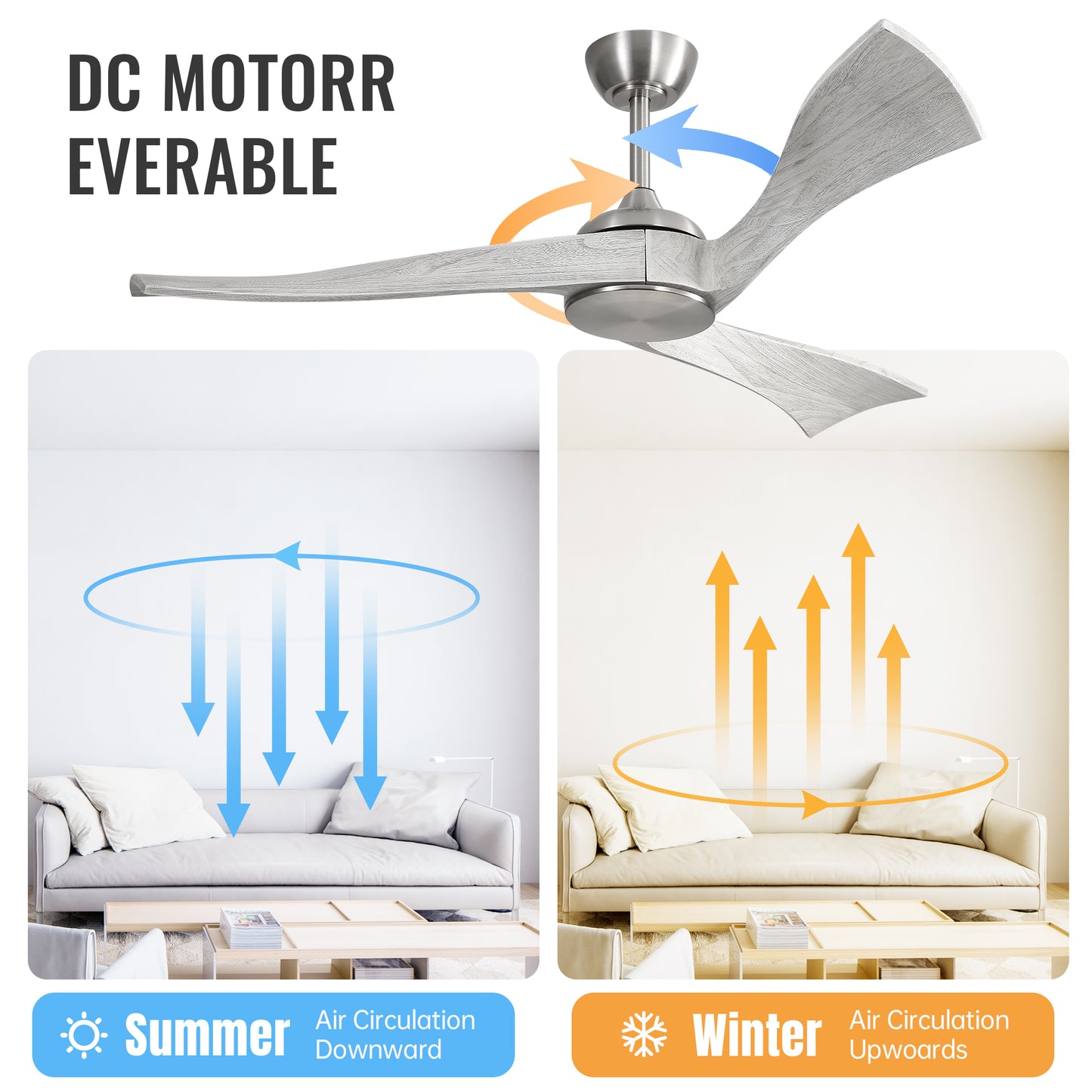 52 Inch Ceiling Fan Without Light 6 Wind Speed Timing Function 3 Solid Wood Blade Reversible DC Motor